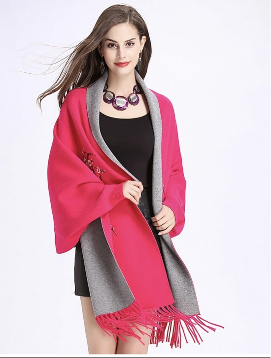 Cashmere Feeling Floral Embroidery Cape W/Sleeves